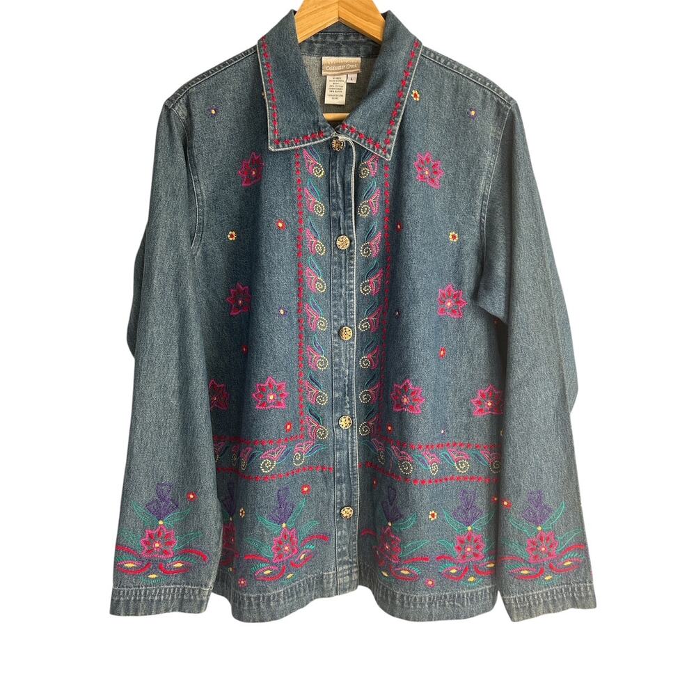 Vintage Coldwater Creek Size Large 100% Cotton Boho Embroidered‎ Denim Jacket